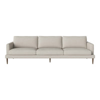 Light beige fabric sofa with clean lines and solid wood legs, featuring a minimalist, modern design.