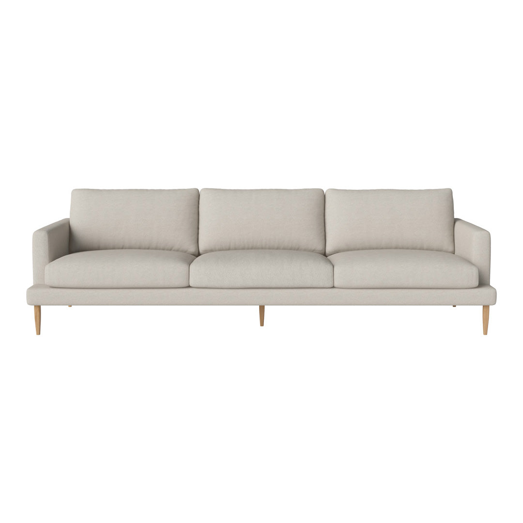 Light gray fabric sofa with a minimalist design and natural wood legs, featuring smooth, cushiony upholstery.