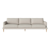 Light gray fabric sofa with a minimalist design and natural wood legs, featuring smooth, cushiony upholstery.