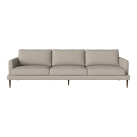 Light beige sofa with a simple, clean design and soft fabric, featuring three plush cushions and minimalist wooden legs.