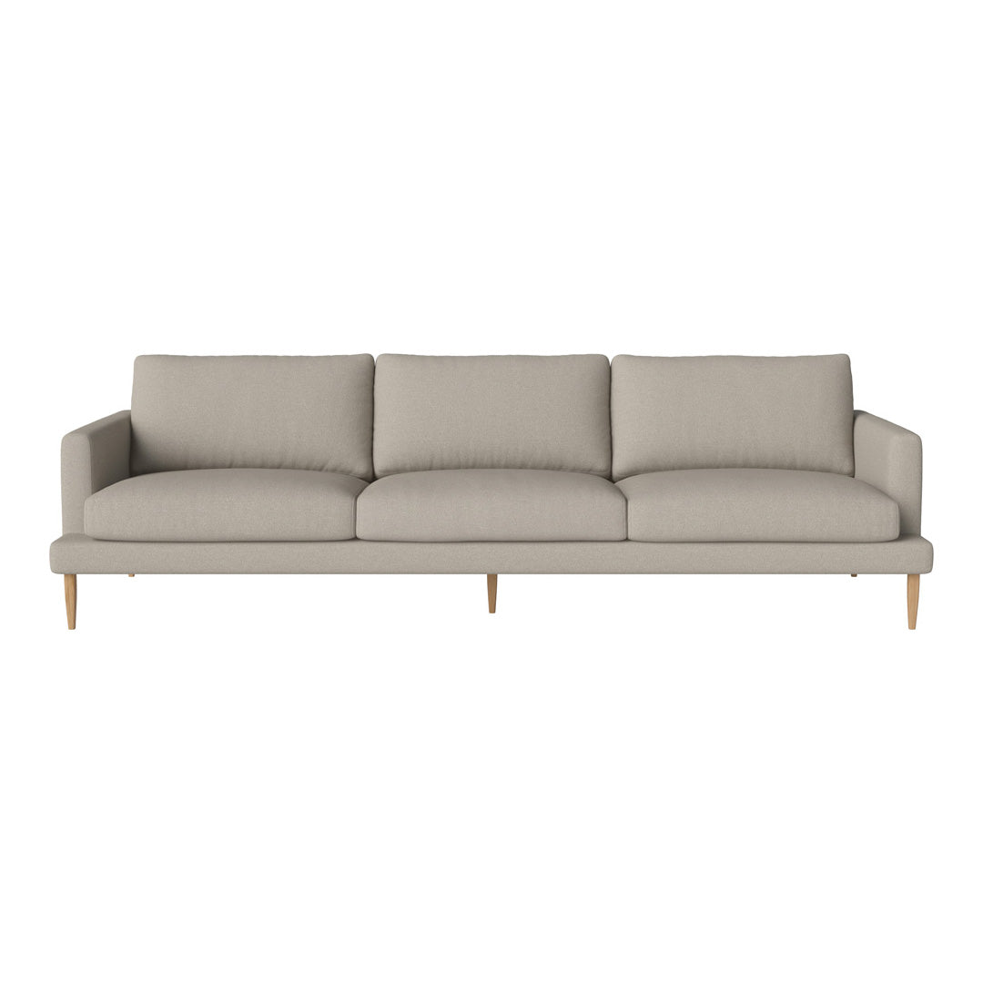 Light gray three-seater sofa with smooth upholstery and natural wood legs, featuring a minimalist design.