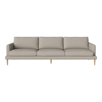 Light gray three-seater sofa with smooth upholstery and natural wood legs, featuring a minimalist design.
