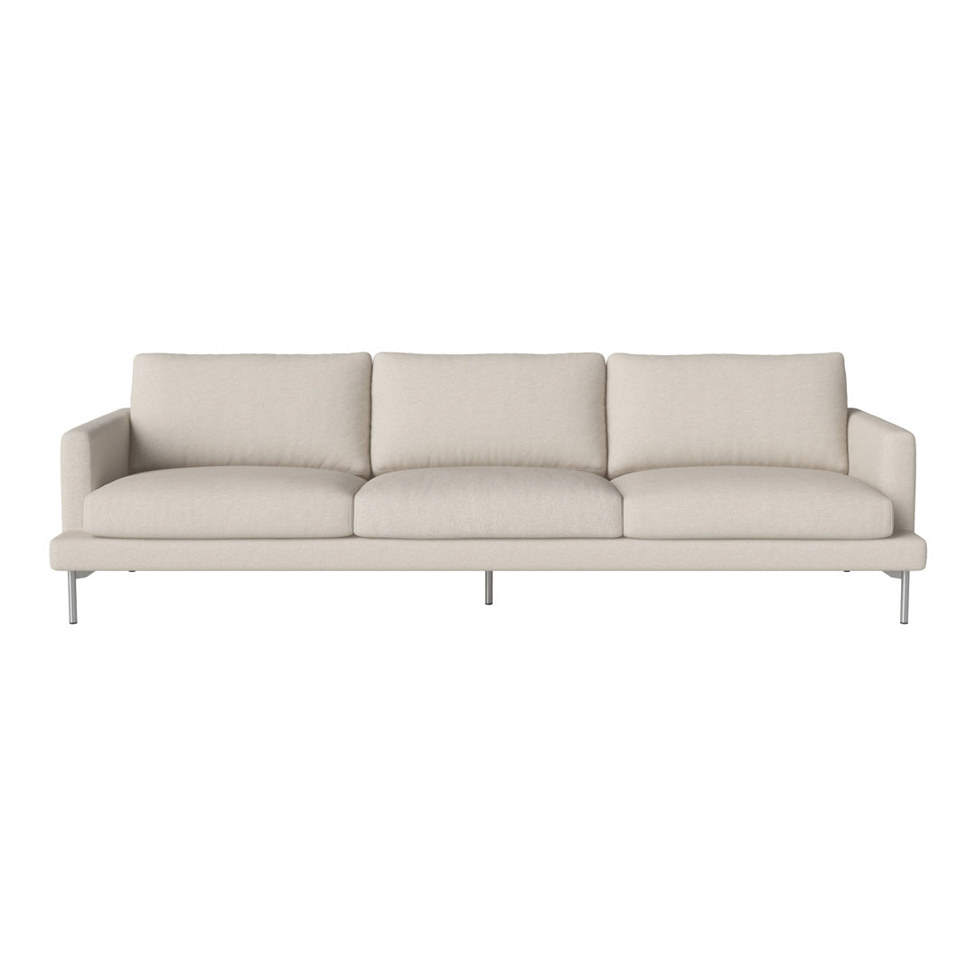 Light beige fabric sofa with three plush cushions and sleek silver metal legs, offering a modern minimalist design.