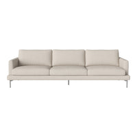 Light beige fabric sofa with three plush cushions and sleek silver metal legs, offering a modern minimalist design.