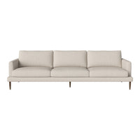 Light beige mid-century modern sofa with simple lines and plush cushions, featuring wooden legs for a minimalist look.