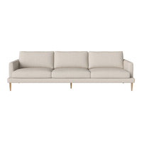 Beige fabric sofa with clean lines, three spacious cushions, and light wooden legs for a minimalist look.