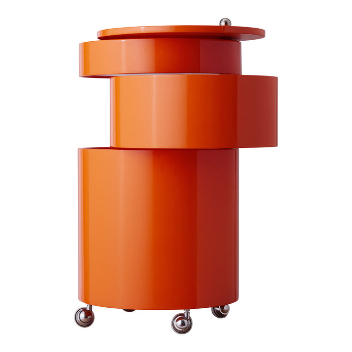 Vibrant orange cylindrical bedside table with a modern stacked design and rolling wheels.