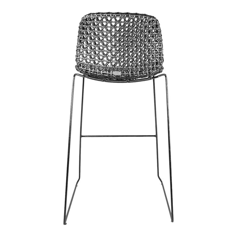 Stylish black woven bar stool with metallic frame and unique perforated pattern. Perfect for modern decor.
