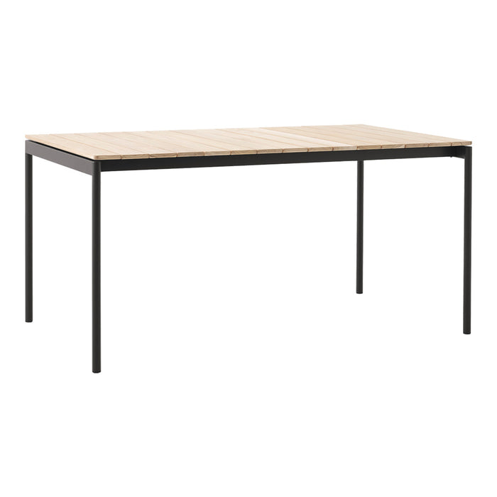 "Light wood tabletop with a natural finish and sleek black metal legs, ideal for modern decor."
