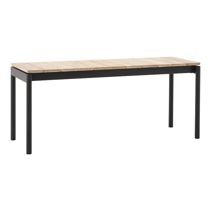 Black metal dining table with a natural wood patterned top. Sleek and modern design for versatile decor.