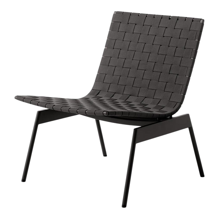 Black woven lounge chair with a geometric pattern and sleek black metal legs, perfect for modern decor.
