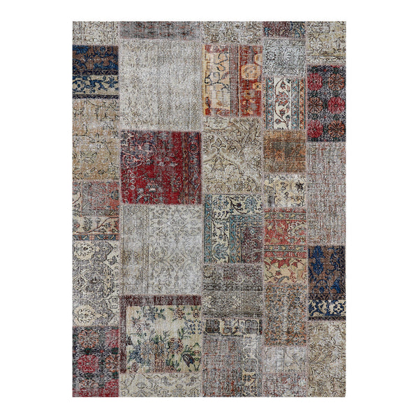 Colorful patchwork rug featuring intricate patterns in red, blue, gray, and cream tones. Perfect for home decor.