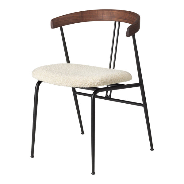 Modern chair featuring a cream upholstered seat and dark metal legs, with a warm wooden backrest.