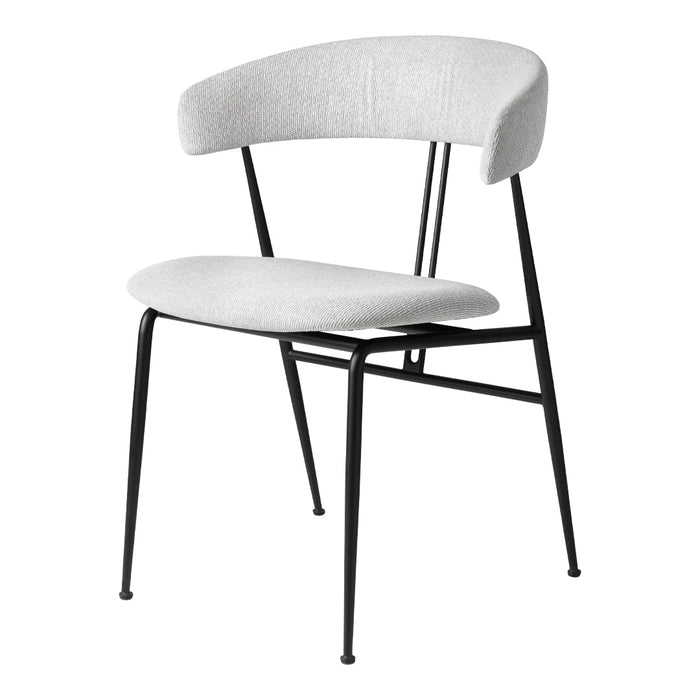 Light gray upholstered chair with a minimalist design and black metal legs, featuring a clean geometric pattern.