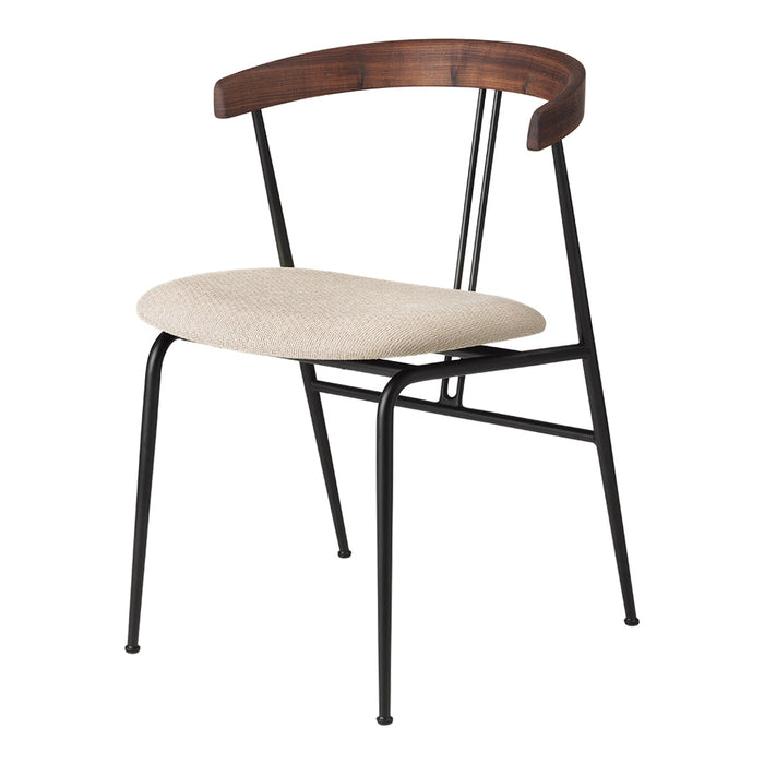 Wooden and black metal chair with a beige upholstered seat, featuring a modern, minimalist design.