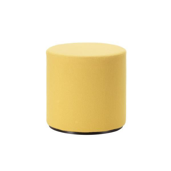 Round yellow fabric pouf with a solid color design, perfect for modern decor.