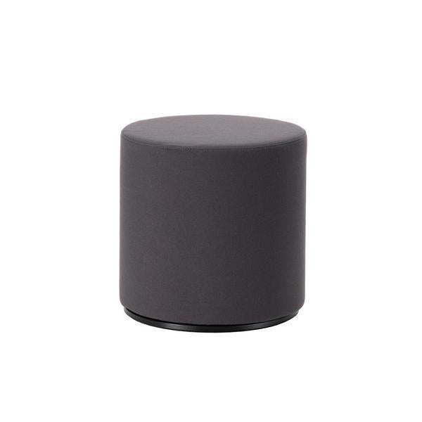 Dark grey upholstered round ottoman with a smooth, minimalistic design. Perfect for modern decor.