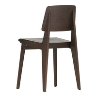 Dark wood chair with a minimalist design, featuring straight lines and a smooth, natural finish.
