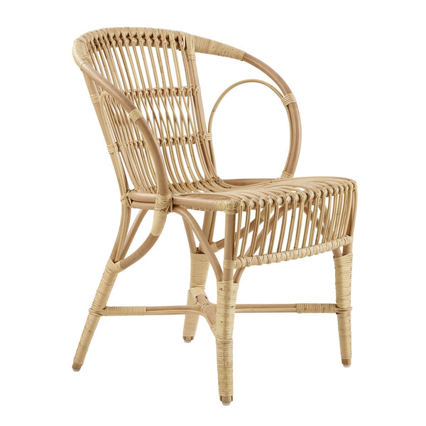 Natural rattan chair with a light beige finish and horizontal weaving pattern, perfect for stylish interiors.