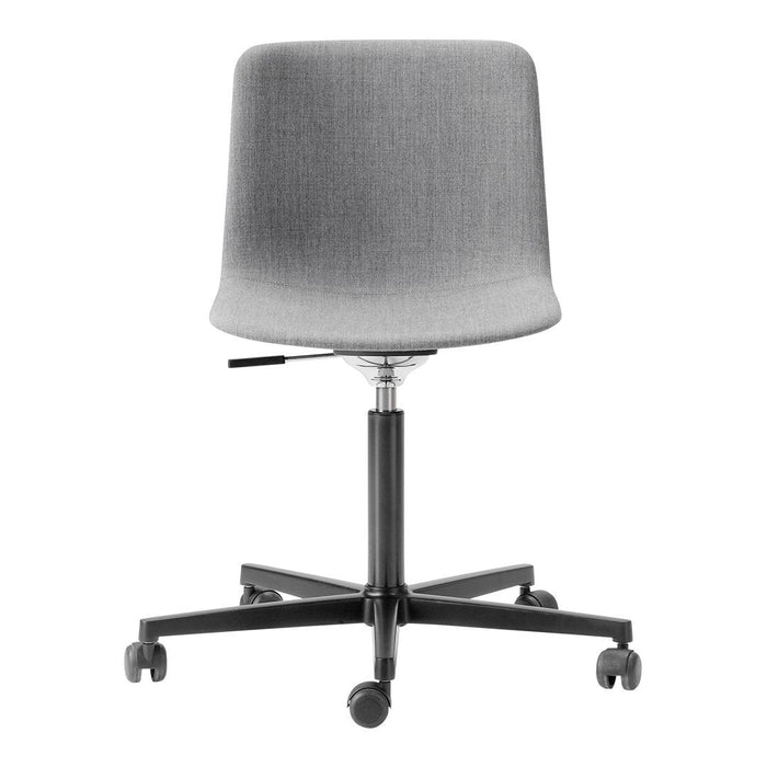 "Stylish gray upholstered office chair with a sleek black base and smooth, modern lines."