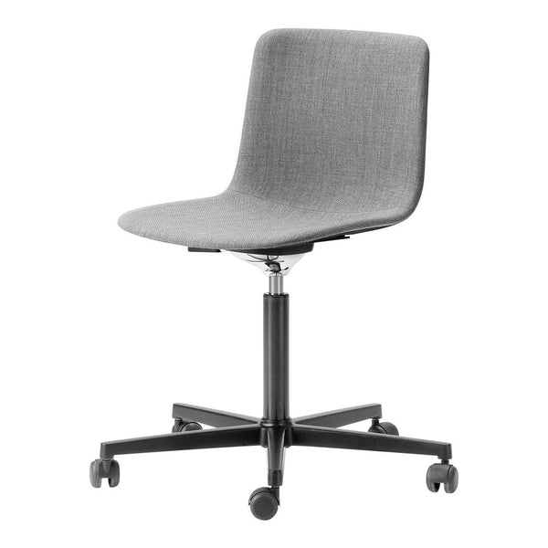 Gray upholstered chair with a sleek design and a black wheeled base, perfect for modern office decor.