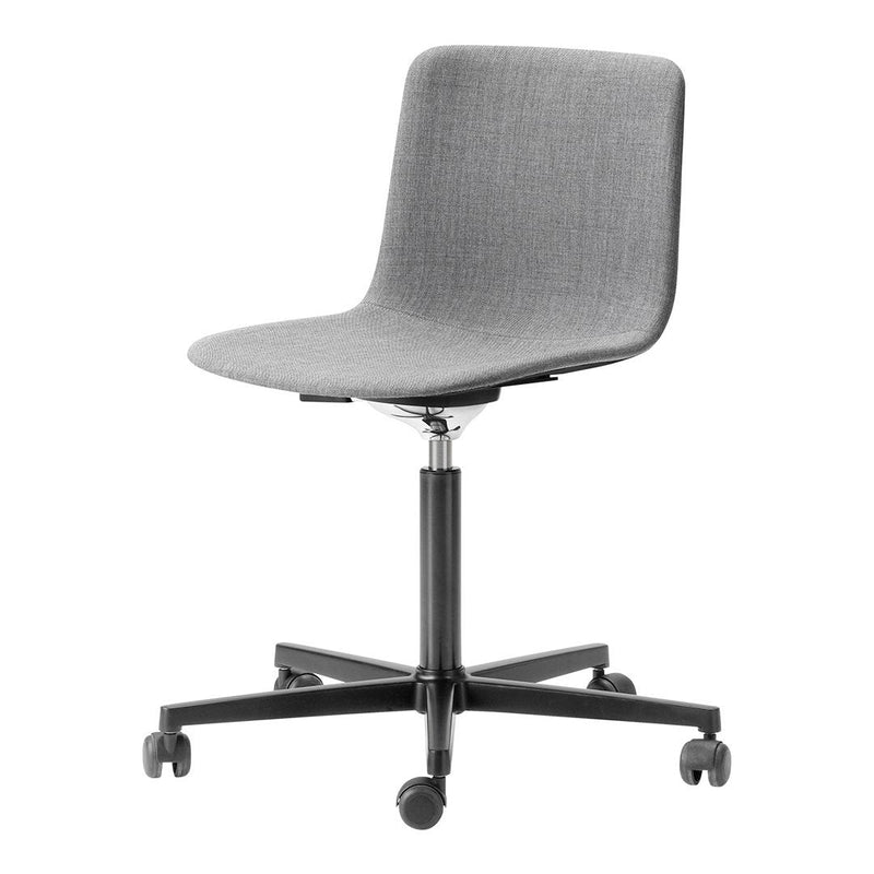 Gray upholstered chair with a sleek design and a black wheeled base, perfect for modern office decor.