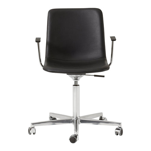 Black ergonomic office chair with a smooth finish, chrome base, and five rolling casters for easy mobility.