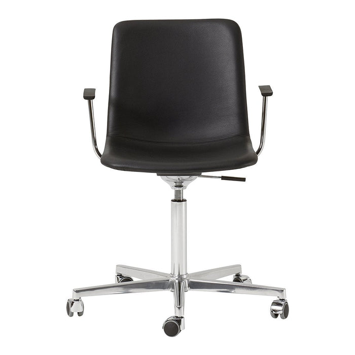 Black ergonomic office chair with a smooth finish, chrome base, and five rolling casters for easy mobility.