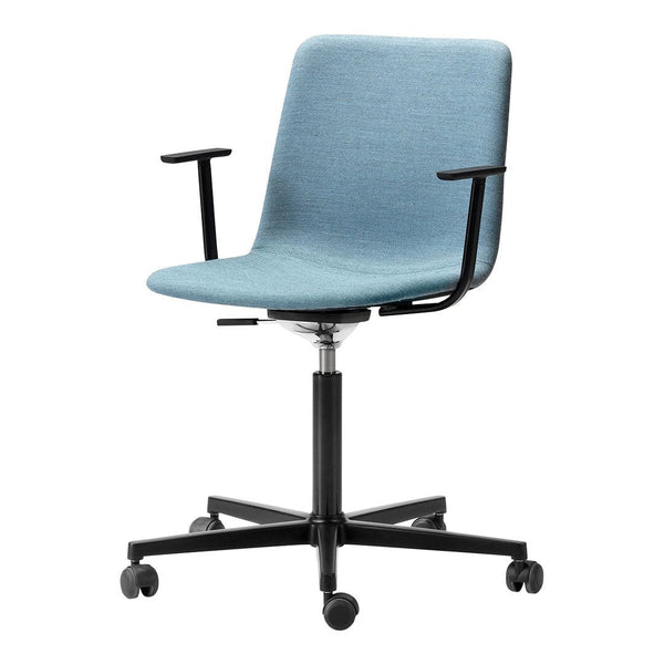 Light blue upholstered office chair with a sleek black base and armrests, ideal for modern workspaces.
