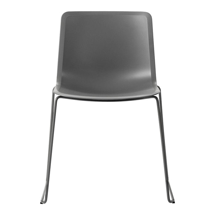 Gray chair with a sleek, minimalist design, featuring a solid color and smooth, modern finish.