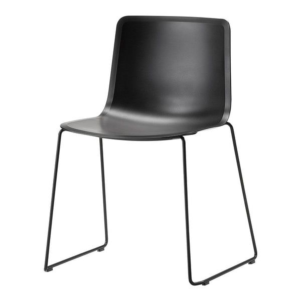 Sleek black chair with a modern design, featuring a smooth surface and minimalist wire legs for contemporary decor.