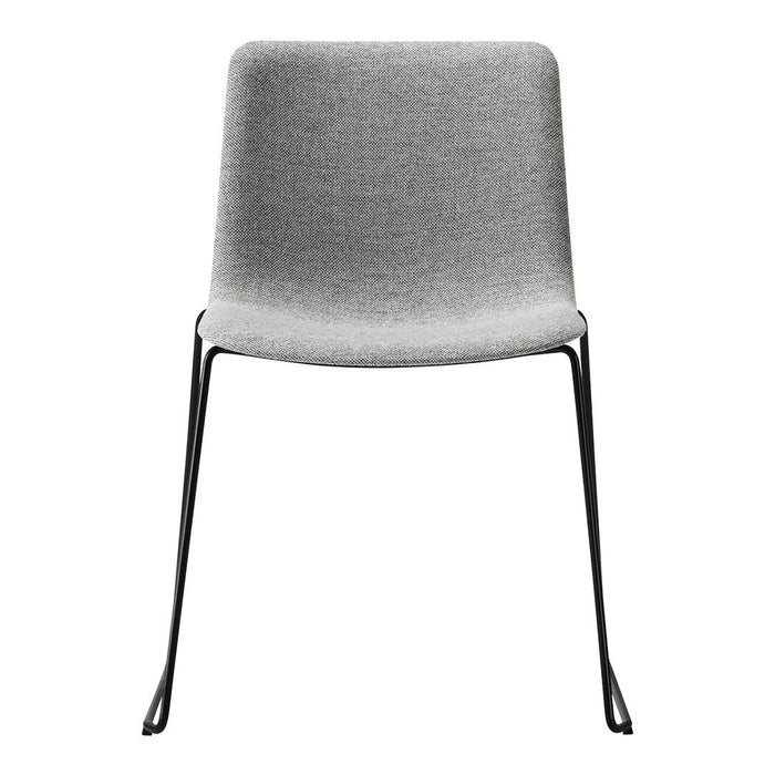 Gray upholstered chair with a sleek black metal frame. Modern, minimalist design for versatile decor.
