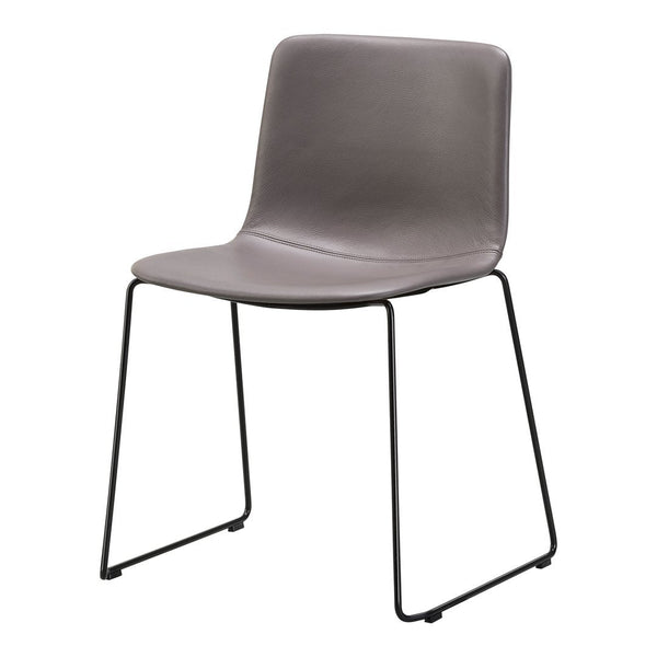 Gray upholstered chair with a sleek, minimalist design and black metal legs. Perfect for modern interiors.