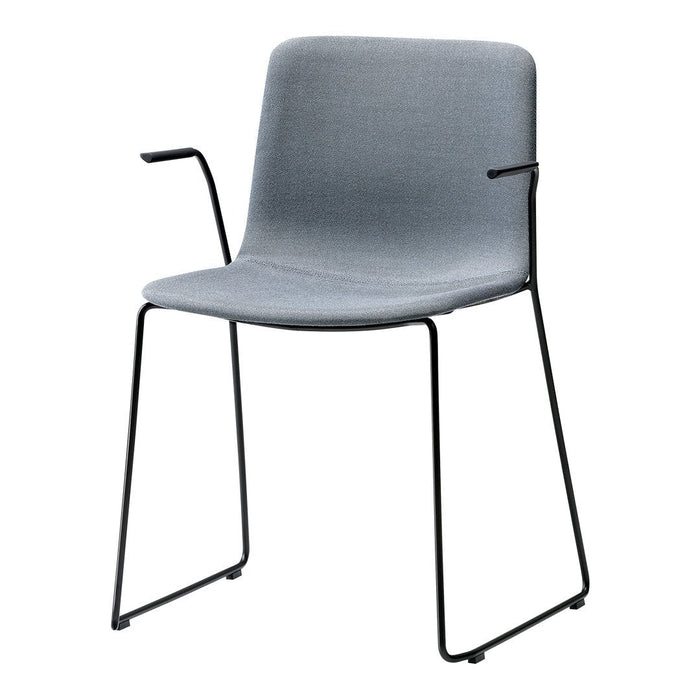 Gray upholstered chair with black metal legs, featuring a minimalist design and sleek lines. Perfect for modern spaces.