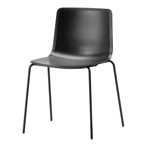 Sleek black plastic chair with minimalist design and slim black metal legs, ideal for modern decor.