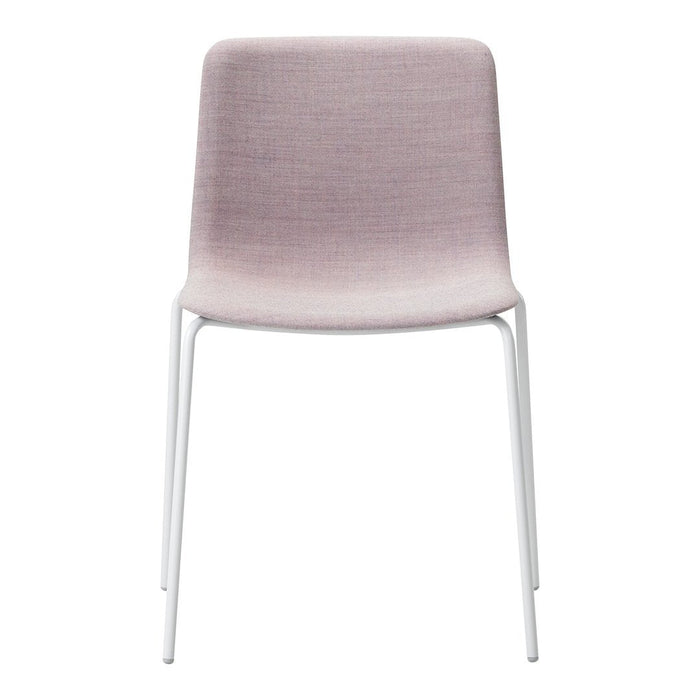 Light lavender fabric chair with a smooth texture and white metal legs, perfect for modern interiors.