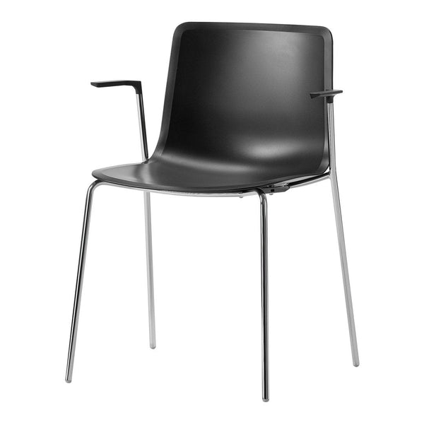 Black plastic chair with chrome legs and minimalist design, featuring smooth surfaces and no patterns.