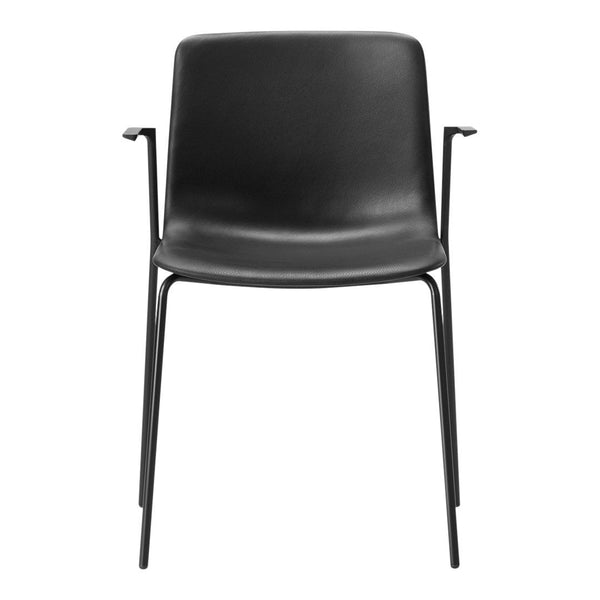 Black chair with sleek design and minimalist curves, featuring a smooth matte finish and sturdy metal legs.