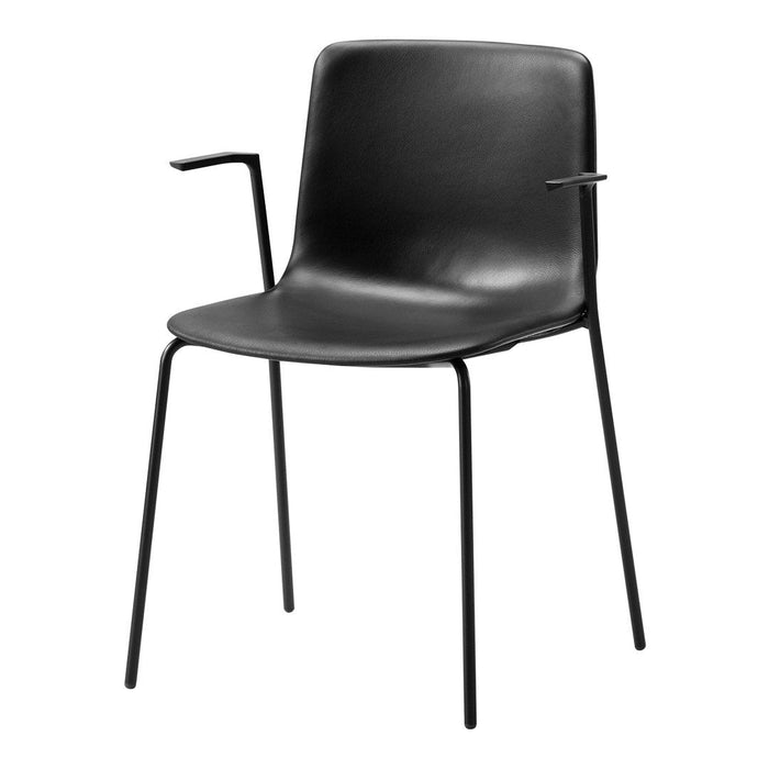 Sleek black chair with a minimalist design and smooth finish, featuring a sturdy metallic frame.