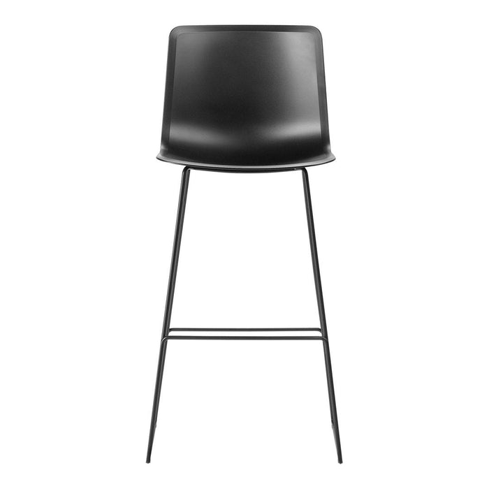 Black bar stool with a sleek, modern design and minimalistic pattern, featuring a sturdy black metal frame.