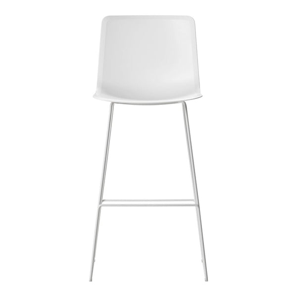 White modern bar stool with a sleek design and minimalistic, solid color pattern on a silver metal frame.