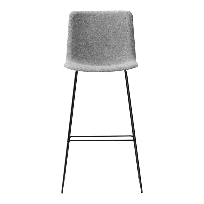 Gray upholstered bar stool with a sleek black metal frame, showcasing a minimalist design.