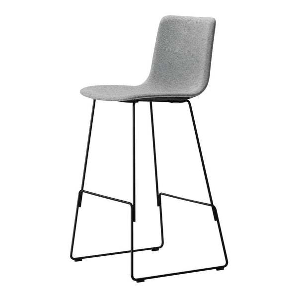 Gray upholstered bar stool with a sleek black metal frame, featuring a minimalist, modern design.