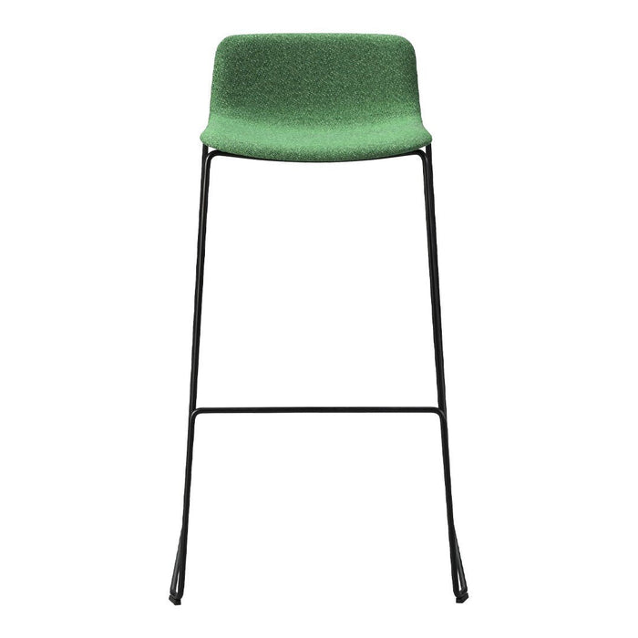 Green upholstered bar stool with a sleek black metal frame. Minimalist design perfect for modern decor.