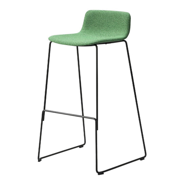 Green upholstered bar stool with a minimalist black metal frame, showcasing a simple, textured surface.