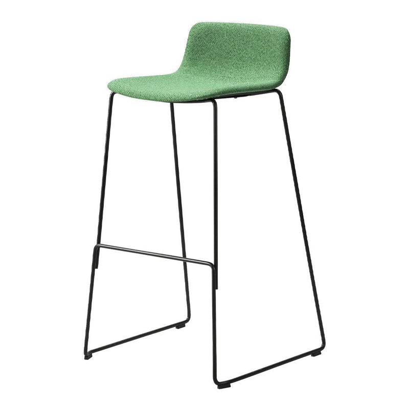 Green upholstered bar stool with a minimalist black metal frame, showcasing a simple, textured surface.