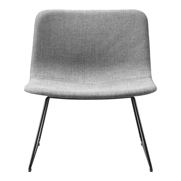 Gray upholstered chair with a smooth, minimalist design and sleek black metal legs. Ideal for modern decor.