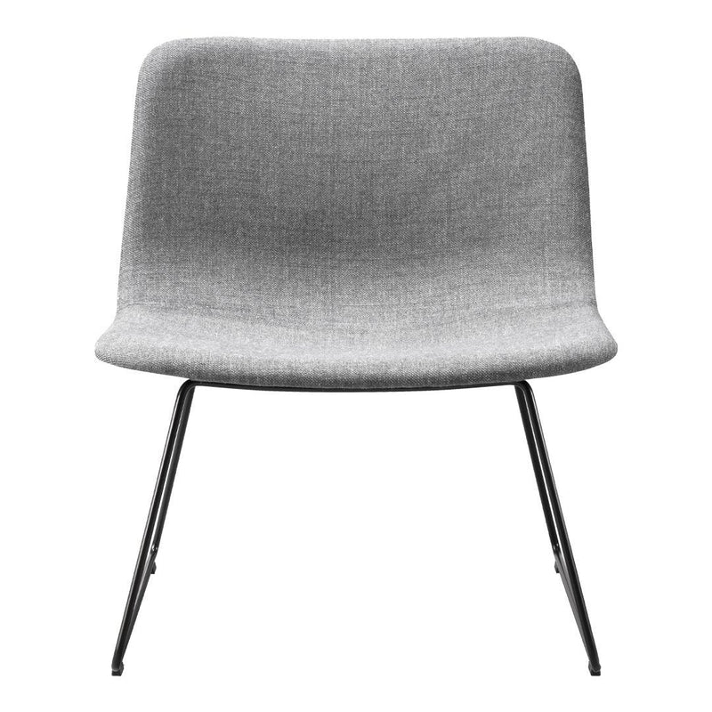 Gray upholstered chair with a smooth, minimalist design and sleek black metal legs. Ideal for modern decor.