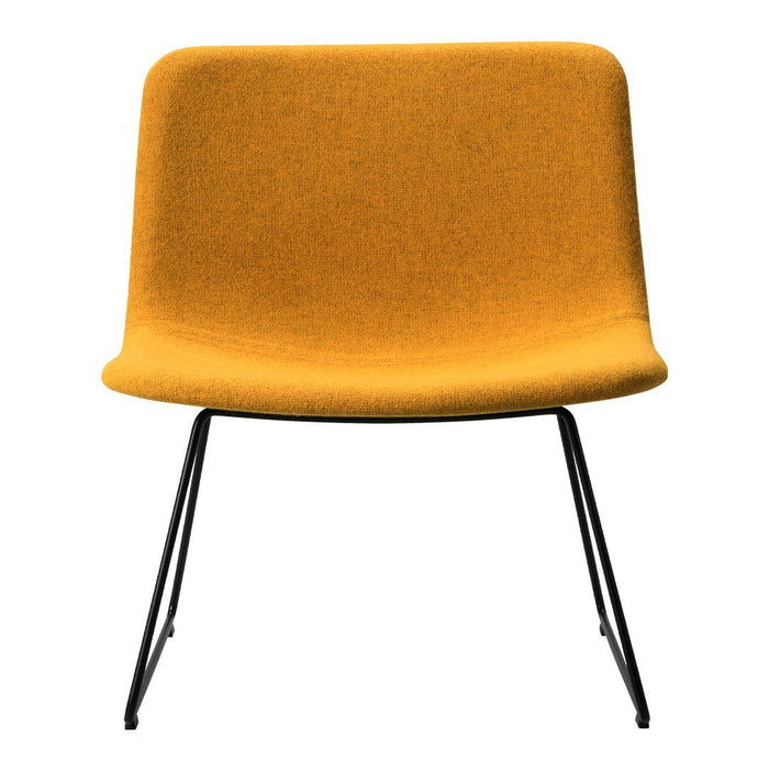Stylish yellow upholstered chair with a sleek black metal frame. Modern design and vibrant color perfect for any space.