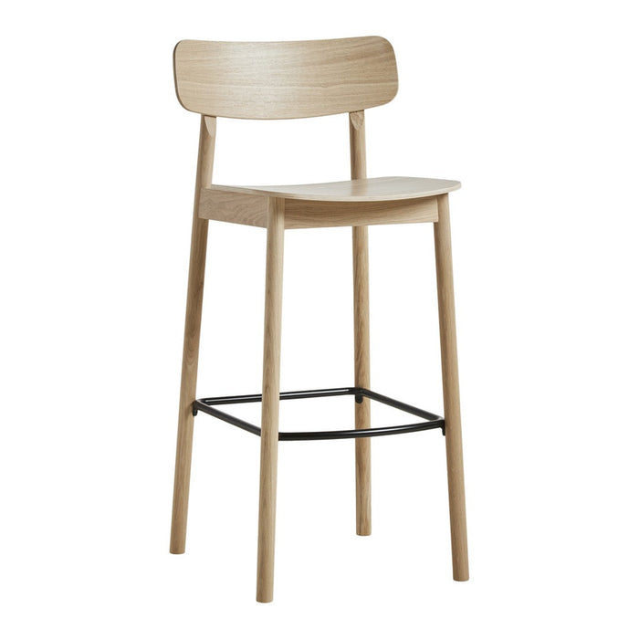 Natural wood bar stool with light oak finish and sleek black metal footrest, enhancing modern minimalist decor.